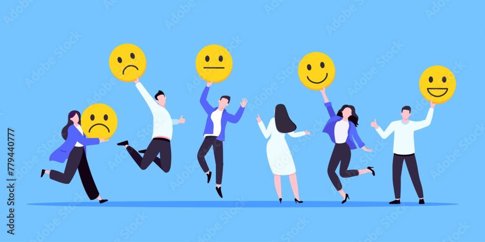 Employee satisfaction attitude survey feedback business concept flat style vector illustration. Business people with various feedback emoticons. Working happiness wellbeing and satisfaction feedback
