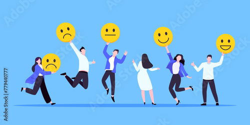 Employee satisfaction attitude survey feedback business concept flat style vector illustration. Business people with various feedback emoticons. Working happiness wellbeing and satisfaction feedback © Konstantin