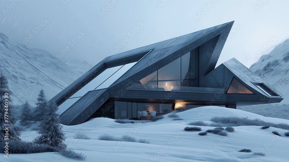 A Sleek Modern House In A Snowy Landscape. 