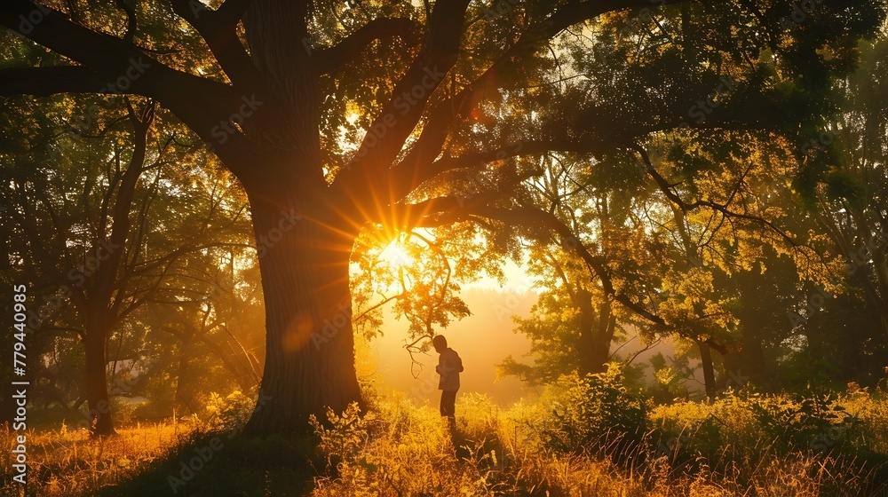 Mystic Woodland Solace - Peaceful Sunlit Forest Landscape with Single Wanderer
