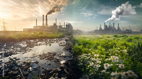 Polluted Industrial Landscape with Smoking Chimneys and Lush Greenery