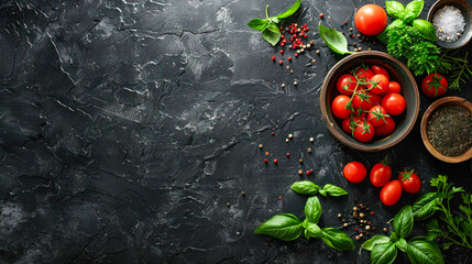 food background with copy space. Border of healthy food cooking ingredients background with fresh tomatoes, herbs and spices on dark concrete table top view. Menu, recipe background. product place