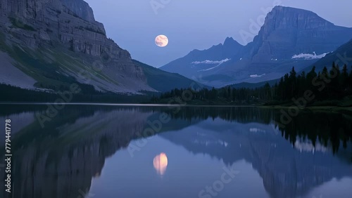 The moon hangs low in the sky reflecting off the shimmering surface of a glacial lake nestled amid towering peaks. . . photo