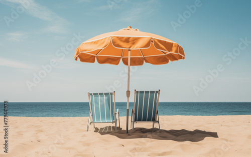 Beach summer concept on island vacation holiday relax in the sun on their deck chairs under a yellow umbrella. Idyllic travel background. © Dragana