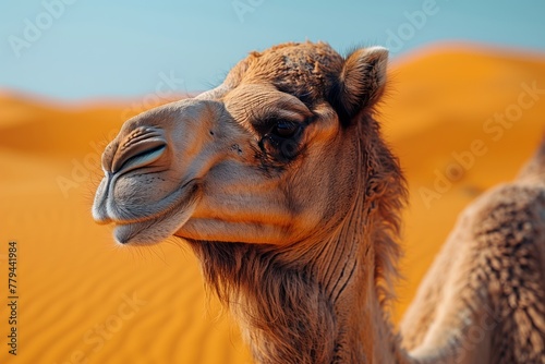 A closeup of a camelids eye in the desert landscape, showcasing its fawncolored snout and adaptation as a terrestrial animal. The camel looks up at the sky, a symbol of its resilience as livestock © RichWolf