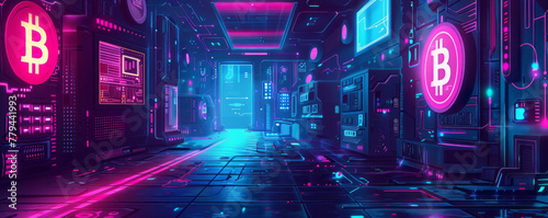 An artwork depicting the clash of digital crypto and physical cash in a retro aesthetic inspired by 1980s video game visuals, infused with a cyberpunk influence and glowing light effects. photo