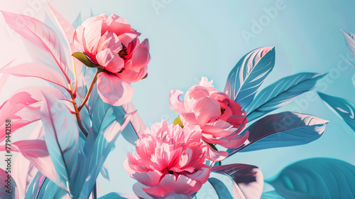 Beautiful romantic illustration of Philodendron , Peonies on light background.