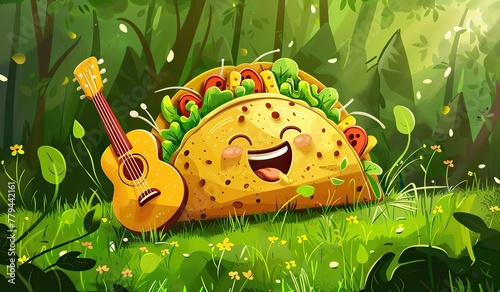 Cartoon taco playing guitar in grass