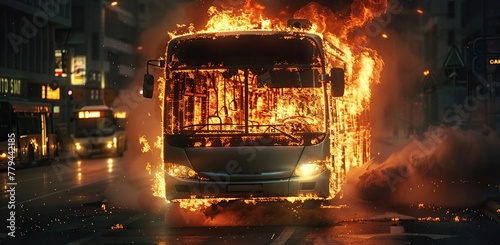 Bus engulfed in flames on city street. The concept of violence and terrorism photo