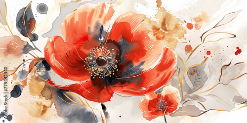 Red anemone blossom watercolor art. Banner with beautiful spring flower.