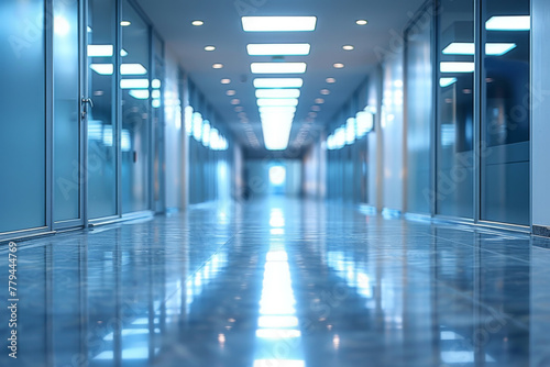 Modern Office Corridor with Reflective Floor and Fluorescent Lights