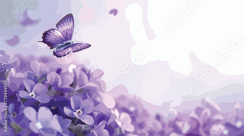 Soft Purple flowers of of violet with flying butterfly