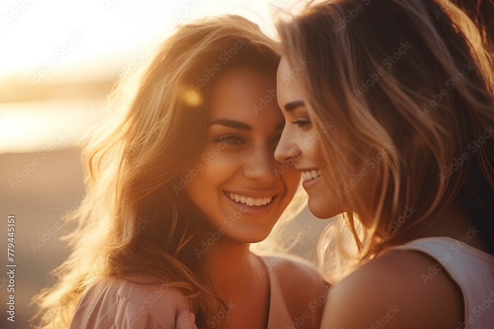  Intimate Moment Between Smiling Women at Sunset, Warm Golden Hour Light