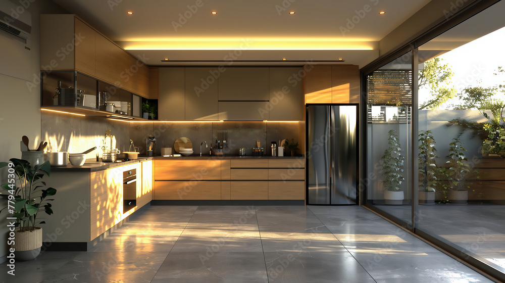 a front facing elegant kitchen with grey floor, few props, beautiful interior design, natural light environment, cinematic style, include an oven, refrigerator, and dishwasher a front facing elegant kitchen with grey floor, few props, beautiful interior design, natural light environment, cinematic style, include an oven, refrigerator, and dishwasher
