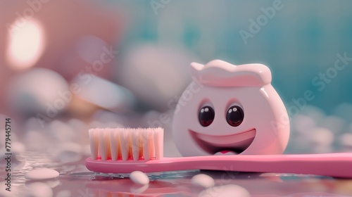 Tootbrush with smiling tooth in blurred background photo