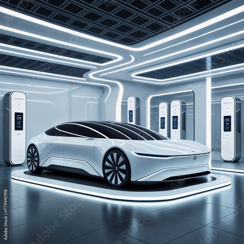 Electronic Vehicle - An EV in a spacious charging station - Robotaxi Wireless charging concept