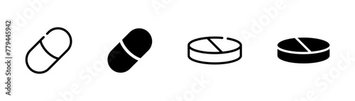 Pill icon set. Medicament and pharmaceutical vector symbol. Medical drug capsule and tablet signs. Antibiotic or painkiller line and filled illustrations isolated.