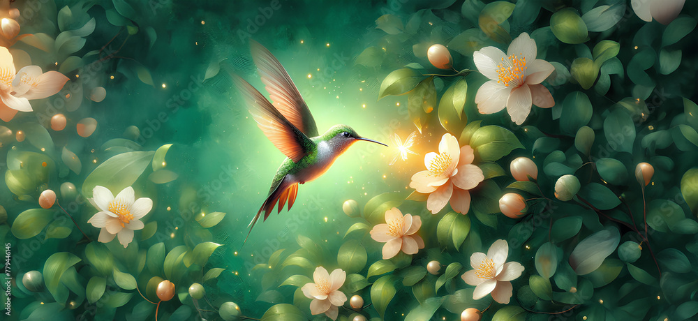 Hummingbird in Flight with Tropical Wild Nature Flowers on Green Abstract Texturized Degradé and Bokeh Background Hummingbird in Flight with Tropical Wild Nature Flowers on Green Abstract Texturized Degradé and Bokeh Background