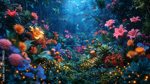 An enchanting nighttime tropical garden scene, illuminated by fireflies, showcasing a variety of exotic flowers and plants.