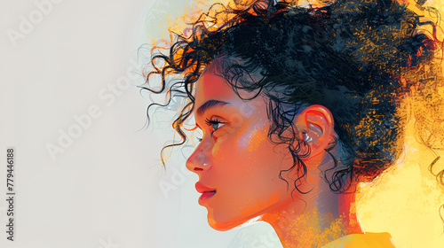 illustration of a young woman model mixed race girl with natural beauty and stunning curls overhead, generative Ai