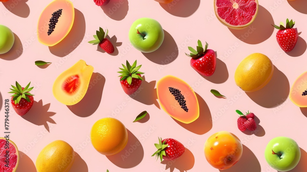 Fruits pattern in shadow play style, pastel colored background, isometric, top view Fruits pattern in shadow play style, pastel colored background, isometric, top view
