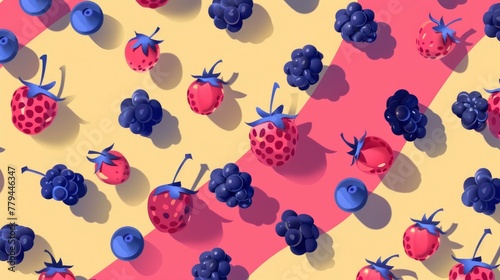 Berries pattern in shadow play style, pastel colored background, isometric, top view