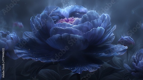 A detailed illustration of a solitary, dark purple peony against a matte black background, surrounded by a halo of mist.
