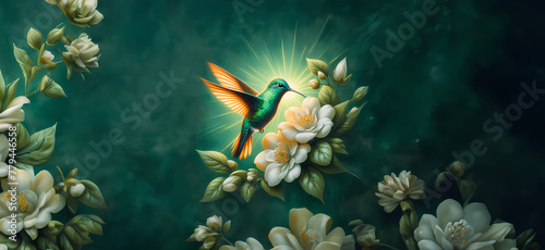  Hummingbird in Flight with Tropical Wild Nature Flowers on Green Abstract Texturized Degradé and Bokeh Background photo
