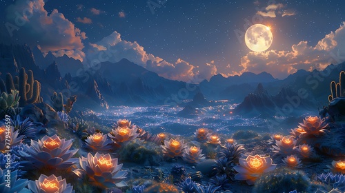 A fantasy-inspired rendering of a succulent garden under the moonlight, with bioluminescent succulents lighting up a mystical landscape.