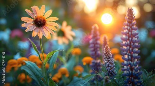 A peaceful scene of an herbal garden at dusk, featuring a variety of medicinal plants including echinacea, sage, and rosemary. photo