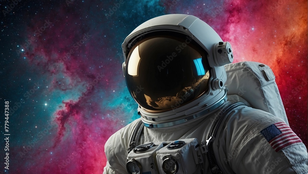 Astronaut with a full black visor against a colorful nebula