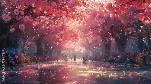 A vibrant depiction of a cherry blossom festival at full bloom, with families enjoying picnics under a canopy of blossoms.