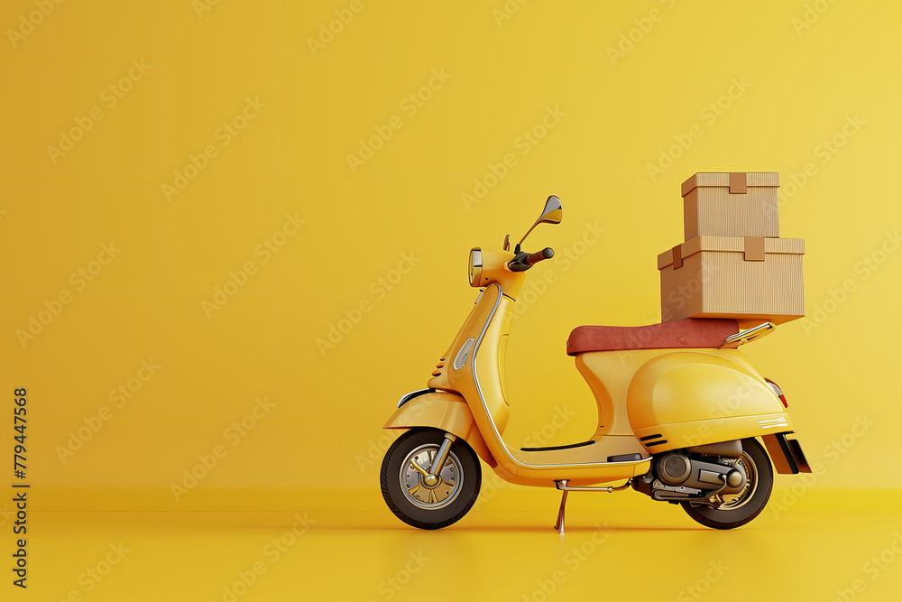 Yellow scooter with delivery boxes against a bright backdrop. AI Generative.