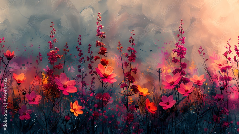 An artistic digital canvas of abstract floral motifs, where brush strokes and color splashes define the silhouettes of wildflowers and foliage. - obrazy, fototapety, plakaty 
