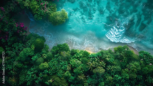 An aerial view of a tropical paradise  capturing the sprawling beauty of a vibrant rainforest meeting the azure sea.