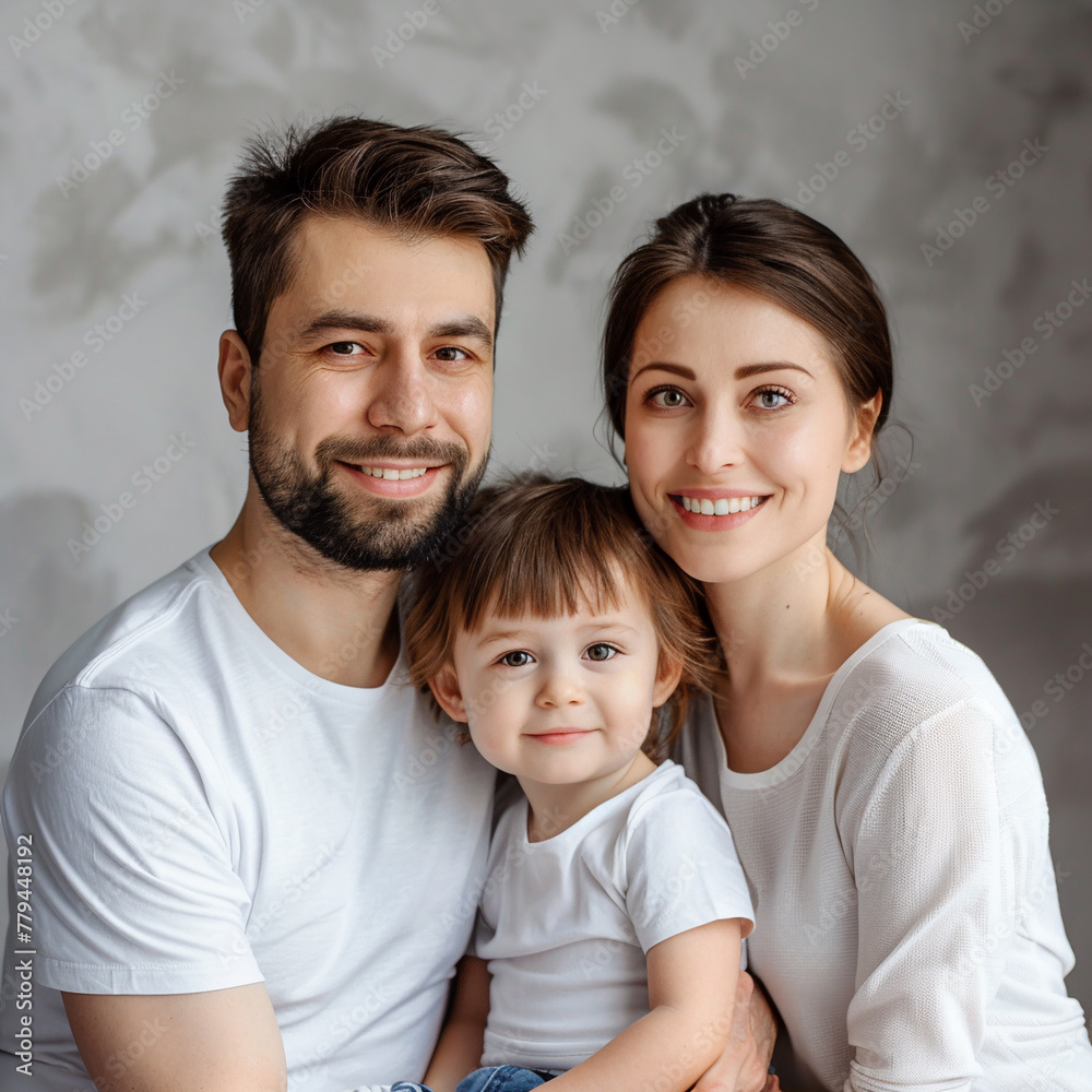 Portrait of a happy family on the background of a gray wall. AI. Portrait of a happy family on the background of a gray wall. AI.