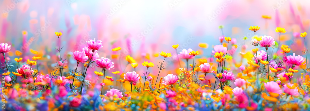 A field of flowers with a colorful background. Pastel summer floral landscape