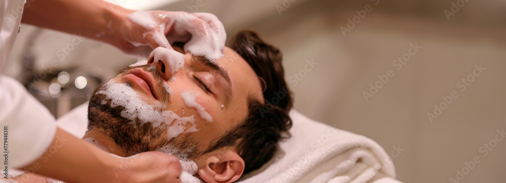A relaxing moment at the spa portrayed with a man receiving a facial treatment, his face covered in foam, evoking a sense of calm and personal care. Banner. Copy space A relaxing moment at the spa portrayed with a man receiving a facial treatment, his face covered in foam, evoking a sense of calm and personal care. Banner. Copy space