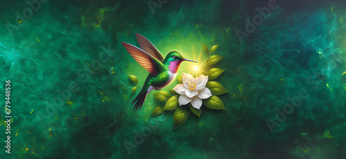  Hummingbird in Flight with Tropical Wild Nature Flowers on Green Abstract Texturized Degradé and Bokeh Background © Cristal