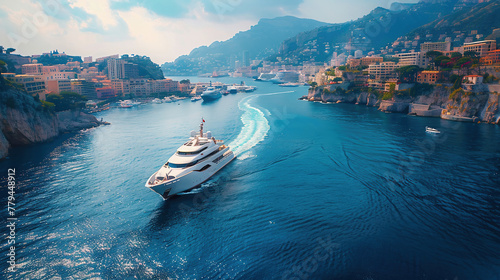 yacht making its grand entrance into Monaco, surrounded by sparkling waters, under the bright morning sun photo