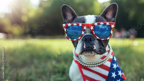 dog red sunglass usa flag in neck blur background outdoor a memorial day military veterans and patriotism concept