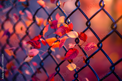Bright autumn leaves caught in a black chain-link fence create a striking contrast with the warm  blurred background of fall colors..