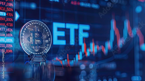 Crypto and bitcoin exchange traded fund or spot price ETF funds application gets approved and listed for institutions investment on stock exchanges concept as wide banner design photo
