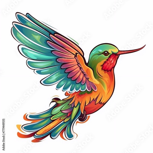 Beautiful colorful hummingbird in Flight, humming wings on white background. Illustration © Arik