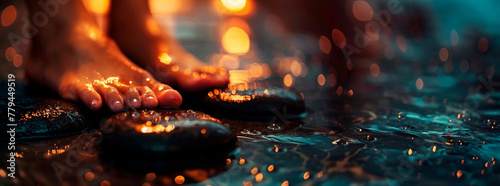 A foot stepping through luminescent waters, gently touching the surface, as light reflects creating a serene and mystical atmosphere. Banner. Copy space photo
