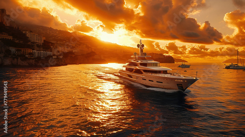 the majestic yacht arriving in Monaco, bathed in the golden glow of sunrise photo