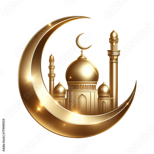 Crescent moon with mosque and glares in golden and Metallic color  for Eid Mubarak, vector illustration,  isolated object