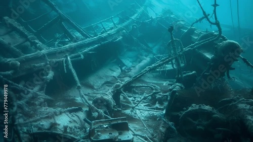 Tangled wreckage from a shipwreck sits on the ocean floor a graveyard for those lost to the terrifying power of rogue waves. photo