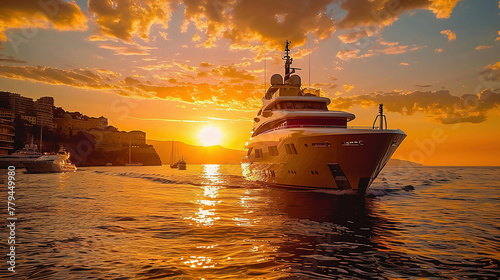 the majestic yacht arriving in Monaco, bathed in the golden glow of sunrise