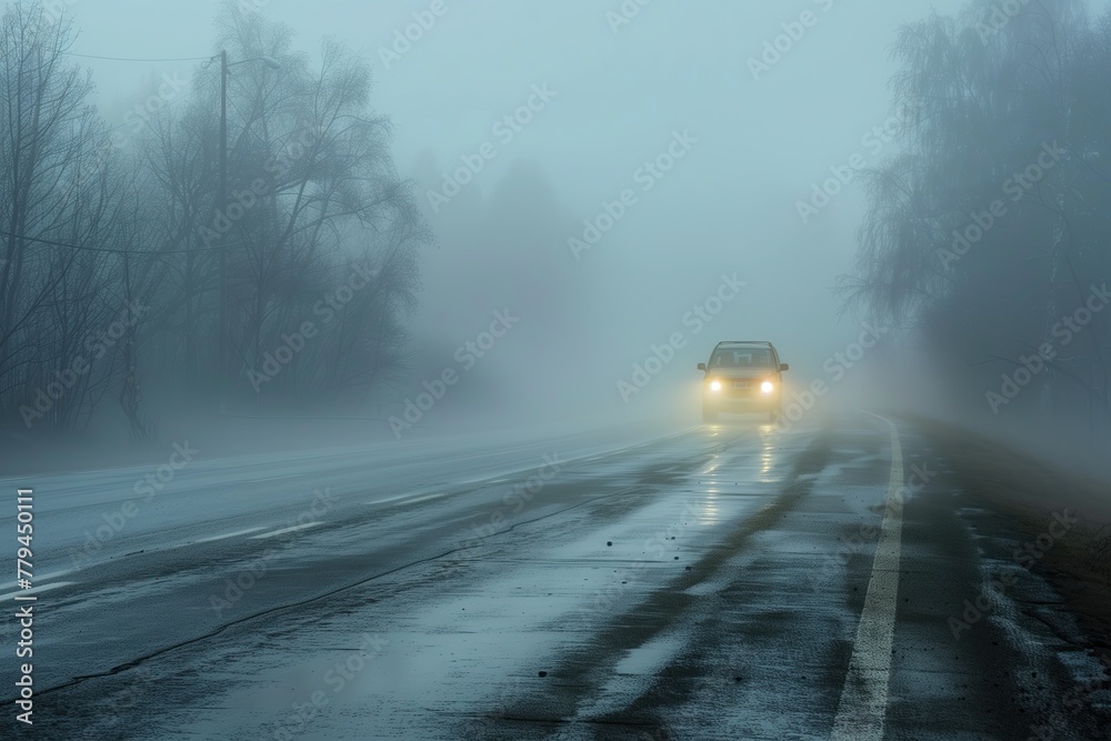Car with headlights on driving on the foggy road in misty morning ...